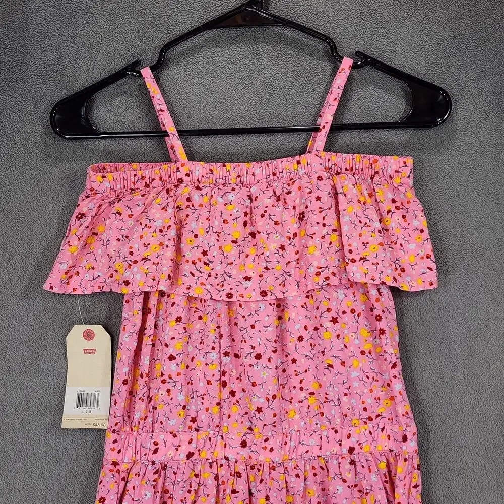 Levis Ruffle Dress L Kids Girl Cold Shoulder Floral Pink Tiered Midi 12-13yr NEW